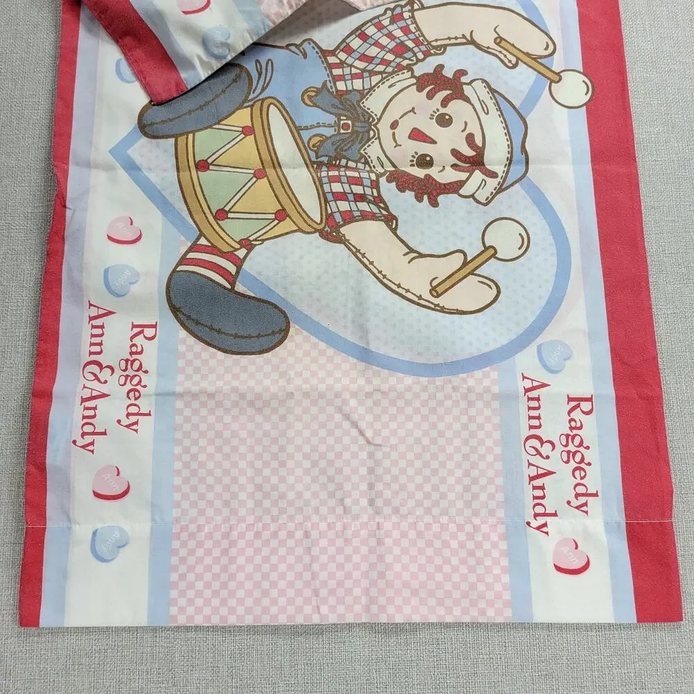 Vintage Raggedy Ann & Andy Pillowcase 29x20 Fabric Panel Red Hearts Gingham